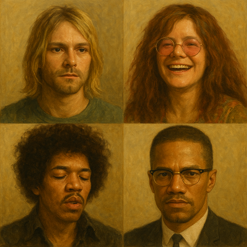 Kurt Kobain, Janis Joplin, Jimi Hendrix y Malcom X / IA / #Tintamanchega