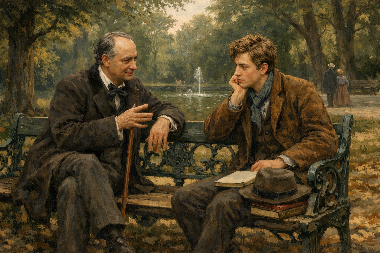 Rimbaud y Baudelaire, hablando de literatura en un parque / IA hablando de literatura en un parque. Imagen creada con IA Rimbaud y Baudelaire, hablando de literatura en un parque / IA